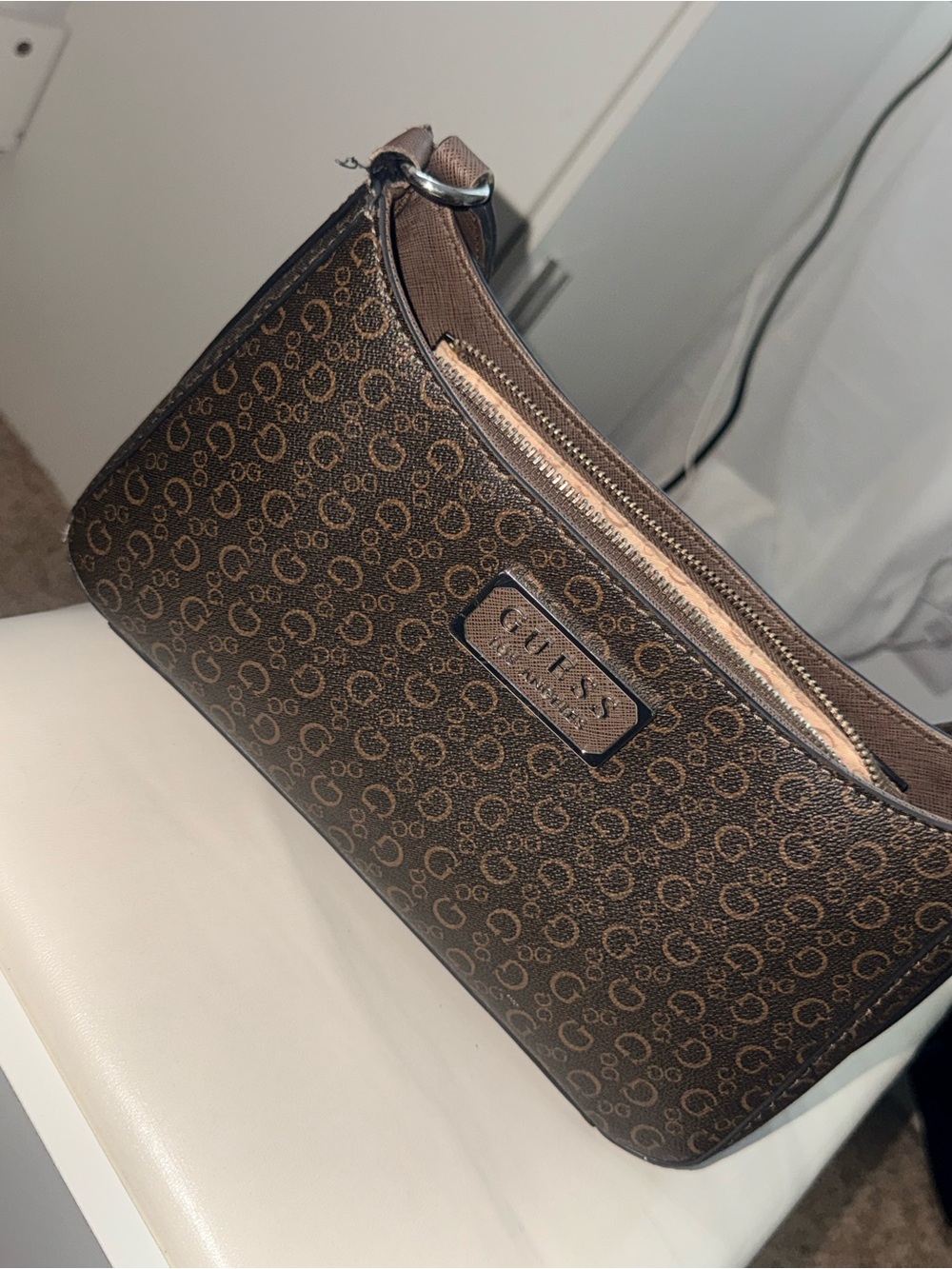 GUESS Brown Monogram Shoulder Bag with Logo Plaque